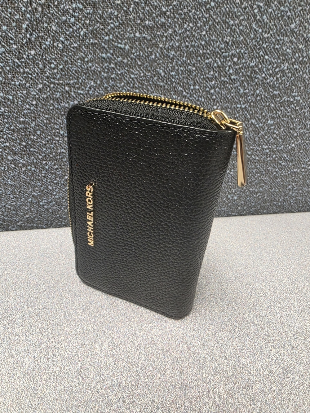 Michael Kors Black Pebbled Leather Zip Card Case with Gold Hardware